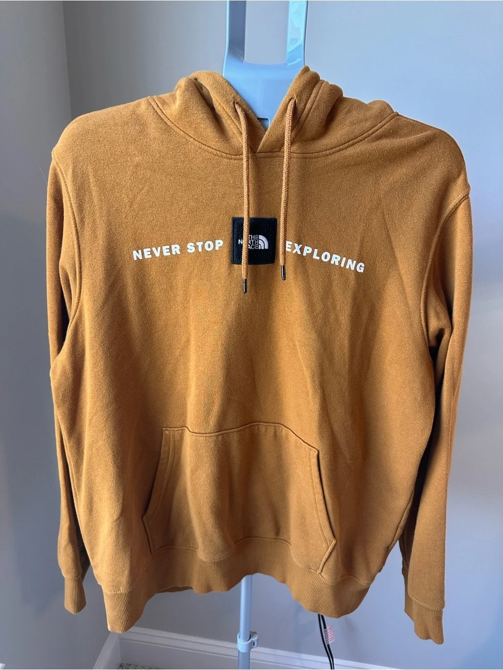 The North Face Khaki Brown Pullover Hoodie Men's Medium Fleece Patch Sweatshirt